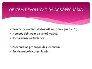 ORIGEM E EVOLUÇÃO DA AGROPECUÁRIA 
 Pré-História – Período Neolítico (1000 – 4000 a. C.). 
 Homens deixaram de ser nômades. 
 Tornaram-se sedentários. 
 Aumento na produção de alimentos. 
 Surgimento de comunidades. 
 