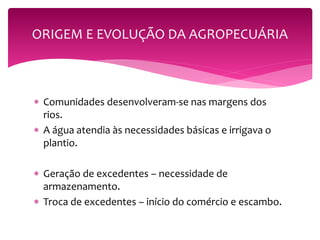 ORIGEM E EVOLUÇÃO DA AGROPECUÁRIA 
 Comunidades desenvolveram-se nas margens dos 
rios. 
 A água atendia às necessidades básicas e irrigava o 
plantio. 
 Geração de excedentes – necessidade de 
armazenamento. 
 Troca de excedentes – início do comércio e escambo. 
 