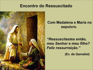 Com Madalena e Maria no
sepulcro.
“Ressuscitastes então,
meu Senhor e meu filho?
Feliz ressurreição.”
(Ev. de Gamaliel)
Encontro do Ressuscitado
 