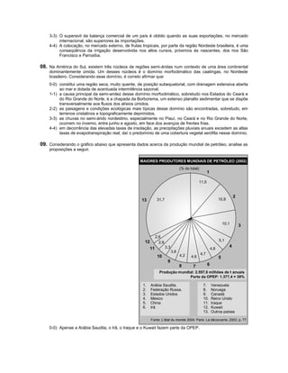 3-3) O superavit da balança comercial de um país é obtido quando as suas exportações, no mercado
         internacional, são superiores às importações.
    4-4) A colocação, no mercado externo, de frutas tropicais, por parte da região Nordeste brasileira, é uma
         conseqüência da irrigação desenvolvida nos altos cursos, próximos às nascentes, dos rios São
         Francisco e Parnaíba.

08. Na América do Sul, existem três núcleos de regiões semi-áridas num contexto de uma área continental
    dominantemente úmida. Um desses núcleos é o domínio morfoclimático das caatingas, no Nordeste
    brasileiro. Considerando esse domínio, é correto afirmar que:
    0-0) constitui uma região seca, muito quente, de posição subequatorial, com drenagem extensiva aberta
         ao mar e dotada de acentuada intermitência sazonal.
    1-1) a causa principal da semi-aridez desse domínio morfoclimático, sobretudo nos Estados do Ceará e
         do Rio Grande do Norte, é a chapada da Borborema, um extenso planalto sedimentar que se dispõe
         transversalmente aos fluxos dos alísios úmidos.
    2-2) as paisagens e condições ecológicas mais típicas desse domínio são encontradas, sobretudo, em
         terrenos cristalinos e topograficamente deprimidos.
    3-3) as chuvas no semi-árido nordestino, especialmente no Piauí, no Ceará e no Rio Grande do Norte,
         ocorrem no inverno, entre junho e agosto, em face dos avanços de frentes frias.
    4-4) em decorrência das elevadas taxas de insolação, as precipitações pluviais anuais excedem as altas
         taxas de evapotranspiração real; daí o predomínio de uma cobertura vegetal xerófila nesse domínio.

09. Considerando o gráfico abaixo que apresenta dados acerca da produção mundial de petróleo, analise as
    proposições a seguir.

                                                   MAIORES PRODUTORES MUNDIAIS DE PETRÓLEO (2002)
                                                                                    (% do total)
                                                                                                         1

                                                                                                 11,5


                                                                                                                              2
                                                    13           31,7                                              10,8




                                                                                                                       10,1
                                                                                                                                  3

                                                                2,6
                                                      12                                                           5,1
                                                                  2,8
                                                                        3,3                                               4
                                                           11                                                4,8
                                                                              3,8
                                                                                    4,2            4,7
                                                                 10                        4,6                     5
                                                                         9
                                                                                    8       7            6
                                                                  Produção mundial: 2.597,6 milhões de t anuais
                                                                                Parte da OPEP: 1.377,4 = 39%

                                                     1.    Arábia Saudita.                          7.       Venezuela
                                                     2.    Federação Russa.                         8.       Noruega
                                                     3.    Estados Unidos                           9.       Canadá
                                                     4.    México                                   10.      Reino Unido
                                                     5.    China                                    11.      Iraque
                                                     6.    Irã                                      12.      Kuwait
                                                                                                    13.      Outros países

                                                           Fonte: L’état du monde 2004. Paris: La découverte, 2003. p. 77.

    0-0) Apenas a Arábia Saudita, o Irã, o Iraque e o Kuwait fazem parte da OPEP.
 