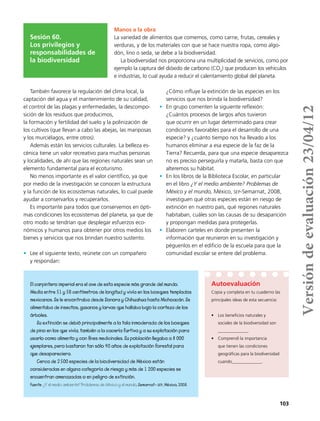 103
Manos a la obra
La variedad de alimentos que comemos, como carne, frutas, cereales y
verduras, y de los materiales con que se hace nuestra ropa, como algo-
dón, lino o seda, se debe a la biodiversidad.
La biodiversidad nos proporciona una multiplicidad de servicios, como por
ejemplo la captura del dióxido de carbono (CO2
) que producen los vehículos
e industrias, lo cual ayuda a reducir el calentamiento global del planeta.
Sesión 60.
Los privilegios y
responsabilidades de
la biodiversidad
El carpintero imperial era el ave de esta especie más grande del mundo.
Medía entre 51 y 56 centímetros de longitud y vivía en los bosques templados
mexicanos. Se le encontraba desde Sonora y Chihuahua hasta Michoacán. Se
alimentaba de insectos, gusanos y larvas que hallaba bajo la corteza de los
árboles.
Su extinción se debió principalmente a la tala inmoderada de los bosques
de pino en los que vivía, también a la cacería furtiva y a su explotación para
usarlo como alimento y con fines medicinales. Su población llegaba a 8 000
ejemplares, pero bastaron tan sólo 40 años de explotación forestal para
que desapareciera.
Cerca de 2 500 especies de la biodiversidad de México están
consideradas en alguna categoría de riesgo y más de 1 200 especies se
encuentran amenazadas o en peligro de extinción.
Fuente: ¿Y el medio ambiente? Problemas de México y el mundo, Semarnat- sep, México, 2008.
Autoevaluación
Copia y completa en tu cuaderno las
principales ideas de esta secuencia:
•	 Los beneficios naturales y
sociales de la biodiversidad son
______________.
•	 Comprendí la importancia
que tienen las condiciones
geográficas para la biodiversidad
cuando______________.
También favorece la regulación del clima local, la
captación del agua y el mantenimiento de su calidad,
el control de las plagas y enfermedades, la descompo-
sición de los residuos que producimos,
la formación y fertilidad del suelo y la polinización de
los cultivos (que llevan a cabo las abejas, las mariposas
y los murciélagos, entre otros).
Además están los servicios culturales. La belleza es-
cénica tiene un valor recreativo para muchas personas
y localidades, de ahí que las regiones naturales sean un
elemento fundamental para el ecoturismo.
No menos importante es el valor científico, ya que
por medio de la investigación se conocen la estructura
y la función de los ecosistemas naturales, lo cual puede
ayudar a conservarlos y recuperarlos.
Es importante para todos que conservemos en ópti-
mas condiciones los ecosistemas del planeta, ya que de
otro modo se tendrían que desplegar esfuerzos eco-
nómicos y humanos para obtener por otros medios los
bienes y servicios que nos brindan nuestro sustento.
•	 Lee el siguiente texto, reúnete con un compañero
y respondan:
¿Cómo influye la extinción de las especies en los
servicios que nos brinda la biodiversidad?
•	 En grupo comenten la siguiente reflexión:
¿Cuántos procesos de largos años tuvieron
que ocurrir en un lugar determinado para crear
condiciones favorables para el desarrollo de una
especie? y ¿cuánto tiempo nos ha llevado a los
humanos eliminar a esa especie de la faz de la
Tierra? Recuerda, para que una especie desaparezca
no es preciso perseguirla y matarla, basta con que
alteremos su hábitat.
•	 En los libros de la Biblioteca Escolar, en particular
en el libro ¿Y el medio ambiente? Problemas de
México y el mundo, México, sep-Semarnat, 2008,
investiguen qué otras especies están en riesgo de
extinción en nuestro país, qué regiones naturales
habitaban, cuáles son las causas de su desaparición
y propongan medidas para protegerlas.
•	 Elaboren carteles en donde presenten la
información que reunieron en su investigación y
péguenlos en el edificio de la escuela para que la
comunidad escolar se entere del problema.
Versióndeevaluación23/04/12
 