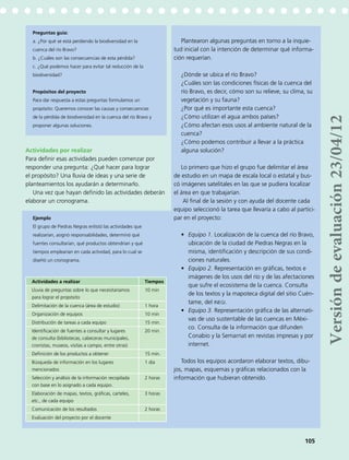 Preguntas guía:
a. ¿Por qué se está perdiendo la biodiversidad en la
cuenca del río Bravo?
b. ¿Cuáles son las consecuencias de esta pérdida?
c. ¿Qué podemos hacer para evitar tal reducción de la
biodiversidad?
Propósitos del proyecto
Para dar respuesta a estas preguntas formulamos un
propósito: Queremos conocer las causas y consecuencias
de la pérdida de biodiversidad en la cuenca del río Bravo y
proponer algunas soluciones.
Actividades por realizar
Para definir esas actividades pueden comenzar por
responder una pregunta: ¿Qué hacer para lograr
el propósito? Una lluvia de ideas y una serie de
planteamientos los ayudarán a determinarlo.
Una vez que hayan definido las actividades deberán
elaborar un cronograma.
Ejemplo
El grupo de Piedras Negras enlistó las actividades que
realizarían, asignó responsabilidades, determinó qué
fuentes consultarían, qué productos obtendrían y qué
tiempos emplearían en cada actividad, para lo cual se
diseñó un cronograma.
Plantearon algunas preguntas en torno a la inquie-
tud inicial con la intención de determinar qué informa-
ción requerían.
¿Dónde se ubica el río Bravo?
¿Cuáles son las condiciones físicas de la cuenca del
río Bravo, es decir, cómo son su relieve, su clima, su
vegetación y su fauna?
¿Por qué es importante esta cuenca?
¿Cómo utilizan el agua ambos países?
¿Cómo afectan esos usos al ambiente natural de la
cuenca?
¿Cómo podemos contribuir a llevar a la práctica
alguna solución?
Lo primero que hizo el grupo fue delimitar el área
de estudio en un mapa de escala local o estatal y bus-
có imágenes satelitales en las que se pudiera localizar
el área en que trabajarían.
Al final de la sesión y con ayuda del docente cada
equipo seleccionó la tarea que llevaría a cabo al partici-
par en el proyecto:
•	 Equipo 1. Localización de la cuenca del río Bravo,
ubicación de la ciudad de Piedras Negras en la
misma, identificación y descripción de sus condi-
ciones naturales.
•	 Equipo 2. Representación en gráficas, textos e
imágenes de los usos del río y de las afectaciones
que sufre el ecosistema de la cuenca. Consulta
de los textos y la mapoteca digital del sitio Cuén-
tame, del inegi.
•	 Equipo 3. Representación gráfica de las alternati-
vas de uso sustentable de las cuencas en Méxi-
co. Consulta de la información que difunden
Conabio y la Semarnat en revistas impresas y por
internet.
Todos los equipos acordaron elaborar textos, dibu-
jos, mapas, esquemas y gráficas relacionados con la
información que hubieran obtenido.
Actividades a realizar Tiempos
Lluvia de preguntas sobre lo que necesitaríamos
para lograr el propósito
10 min
Delimitación de la cuenca (área de estudio) 1 hora
Organización de equipos 10 min
Distribución de tareas a cada equipo 15 min.
Identificación de fuentes a consultar y lugares
de consulta (bibliotecas, cabeceras municipales,
cronistas, museos, visitas a campo, entre otras)
20 min.
Definición de los productos a obtener 15 min.
Búsqueda de información en los lugares
mencionados
1 día
Selección y análisis de la información recopilada
con base en lo asignado a cada equipo.
2 horas
Elaboración de mapas, textos, gráficas, carteles,
etc., de cada equipo
3 horas
Comunicación de los resultados 2 horas
Evaluación del proyecto por el docente
105
Versióndeevaluación23/04/12
 