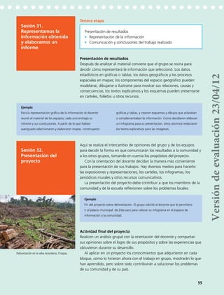 Sesión 31.
Representamos la
información obtenida
y elaboramos un
informe
Presentación de resultados
•	 Representación de la información
•	 Comunicación y conclusiones del trabajo realizado
Sesión 32.
Presentación del
proyecto
Tercera etapa
Presentación de resultados
Después de analizar el material conviene que el grupo se reúna para
decidir cómo representará la información que seleccionó. Los datos
estadísticos en gráficas o tablas; los datos geográficos y los procesos
espaciales en mapas; los componentes del espacio geográfico pueden
modelarse, dibujarse o ilustrarse para mostrar sus relaciones, causas y
consecuencias; los textos explicativos y los esquemas pueden presentarse
en carteles, folletos u otros recursos.
Aquí se realiza el intercambio de opiniones del grupo y de los equipos
para decidir la forma en que comunicarán los resultados a la comunidad y
a los otros grupos, tomando en cuenta los propósitos del proyecto.
Con la orientación del docente decidan la manera más conveniente
para la presentación de sus trabajos. Hay diversos medios para hacerlo:
las exposiciones y representaciones, los carteles, los infogramas, los
periódicos murales y otros recursos comunicativos.
La presentación del proyecto debe contribuir a que los miembros de la
comunidad y de la escuela reflexionen sobre los problemas locales.
Ejemplo
Fin del proyecto sobre deforestación. El grupo solicitó al docente que le permitiera
ir al palacio municipal de Zitácuaro para colocar su infograma en el espacio de
información a la comunidad.
Actividad final del proyecto
Realicen un análisis grupal con la orientación del docente y compartan
sus opiniones sobre el logro de sus propósitos y sobre las experiencias que
obtuvieron durante su desarrollo.
Al aplicar en un proyecto los conocimientos que adquirieron en cada
bloque, como lo hicieron ahora con el trabajo en grupo, mostrarán lo que
han aprendido, pero sobre todo contribuirán a solucionar los problemas
de su comunidad y de su país.
Ejemplo
Para la representación gráfica de la información el docente
reunió el material de los equipos; cada uno entregó su
informe y sus conclusiones. A partir de lo que habían
averiguado seleccionaron y elaboraron mapas, construyeron
gráficas y tablas, y crearon esquemas y dibujos que aclaraban
o complementaban la información. Como decidieron elaborar
un infograma para su presentación, otros alumnos redactaron
los textos explicativos para las imágenes.
Deforestación en la selva lacandona, Chiapas.
55
Versióndeevaluación23/04/12
 