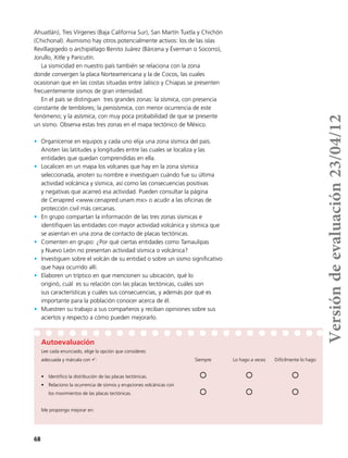 68
Ahuatlán), Tres Vírgenes (Baja California Sur), San Martín Tuxtla y Chichón
(Chichonal). Asimismo hay otros potencialmente activos: los de las islas
Revillagigedo o archipiélago Benito Juárez (Bárcena y Éverman o Socorro),
Jorullo, Xitle y Paricutín.
La sismicidad en nuestro país también se relaciona con la zona
donde convergen la placa Norteamericana y la de Cocos, las cuales
ocasionan que en las costas situadas entre Jalisco y Chiapas se presenten
frecuentemente sismos de gran intensidad.
En el país se distinguen tres grandes zonas: la sísmica, con presencia
constante de temblores; la penisísmica, con menor ocurrencia de este
fenómeno; y la asísmica, con muy poca probabilidad de que se presente
un sismo. Observa estas tres zonas en el mapa tectónico de México.
•	 Organícense en equipos y cada uno elija una zona sísmica del país.
Anoten las latitudes y longitudes entre las cuales se localiza y las
entidades que quedan comprendidas en ella.
•	 Localicen en un mapa los volcanes que hay en la zona sísmica
seleccionada, anoten su nombre e investiguen cuándo fue su última
actividad volcánica y sísmica, así como las consecuencias positivas
y negativas que acarreó esa actividad. Pueden consultar la página
de Cenapred <www.cenapred.unam.mx> o acudir a las oficinas de
protección civil más cercanas.
•	 En grupo compartan la información de las tres zonas sísmicas e
identifiquen las entidades con mayor actividad volcánica y sísmica que
se asientan en una zona de contacto de placas tectónicas.
•	 Comenten en grupo: ¿Por qué ciertas entidades como Tamaulipas
y Nuevo León no presentan actividad sísmica o volcánica?
•	 Investiguen sobre el volcán de su entidad o sobre un sismo significativo
que haya ocurrido allí.
•	 Elaboren un tríptico en que mencionen su ubicación, qué lo
originó, cuál es su relación con las placas tectónicas, cuáles son
sus características y cuáles sus consecuencias, y además por qué es
importante para la población conocer acerca de él.
•	 Muestren su trabajo a sus compañeros y reciban opiniones sobre sus
aciertos y respecto a cómo pueden mejorarlo.
Autoevaluación
Lee cada enunciado, elige la opción que consideres
adecuada y márcala con ü:
•	 Identifico la distribución de las placas tectónicas.
•	 Relaciono la ocurrencia de sismos y erupciones volcánicas con
los movimientos de las placas tectónicas.
Me propongo mejorar en:
Siempre
¡
¡
Lo hago a veces
¡
¡
Difícilmente lo hago
¡
¡
Versióndeevaluación23/04/12
 