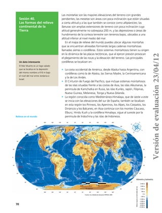 70
180°
180°
140°
140°
100°
100°
60°
60°
20°
20°
20°
20°
60°
60°
100°
100°
140°
140°
180°
180°
40° 40°
20° 20°
0° 0°
20° 20°
40° 40°
80° 80°
60°
60° 60°
80° 80°
Metrosrespectoalnivelmediodelmar
6 000 m
3 000 m
1 000 m
500 m
0 m
−200 m
−2 000 m
−4 000 m
−6 000 m
−8 000 m
−10 000 m
Altimetría y batimetría
2 100 2 100 4 200 km0
PROYECCIÓN Robinson
OCÉANO
PACÍFICO
OCÉANO
PACÍFICO
OCÉANO
ATLÁNTICO
OCÉANO
ÍNDICO
OCÉANO GLACIAR ÁRTICO
Trópico de
Cáncer
Trópico de
Capricornio
Ecuador
Círculo Polar Antártico
MeridianodeGreenwich
Golfo de
México
Bahía
de Baffín
Bahía
de Hudson
Estrecho de
Gibraltar
Círculo Polar Ártico
Estrecho de Bering
Mar de
Arabia
Mar de
Bárents
Mar del
Norte
Mar Negro
Mar
Mediterráneo
Golfo
de Bengála
Mar de
Filipinas
Mar de
Okhotsk
Mar de
Bering
Mar de
Japón
G. Pérsico
MarRojo
G. de Aden
MarCaspio
Fuente: USGS, Modelo de elevación SRTM30, 2000.
LosLlanos
Cordillera
Centroamericana
Pirineos
Llanura de
Europa
Oriental
Gran Llanura Europea
MontesUrales
Montes Apalaches
Las
EstepasBalcanes
Pampas
GrandesLlanurasdeAméricadelNorte
Meseta
Brasileña
Meseta de
Siberia Central
Meseta del
Tíbet
Meseta del
Deccan
Meseta de
Irán
Meseta
Etíope
CordilleradelosAndes
MontañasRocallosas
Alpes
A
peninos
Coordillera del Himalaya
Cárpat
os
Montes Elburz
Montes
Hindu - Kush
Montes D
rakensberg
Montes Escandinavos
Montes de Kolima
Montes Yablonoy
Montes Stanovoy
Montes Chersky
MontesVierjoyansk
Desierto
de Gobi
Meseta de
Mongolia
Montes
Tian Shan
Montes
Altai
MontesSayán
SierraMadreOccidental
SierraMadreOriental
Macizo de
las Guayanas
Meseta
Boliviana
Montes
Adamaoua
Meseta
del Bié
Meseta
de Shaba
Meseta
de Ahaggar
Gran Desierto
Victoria
Llanura de
Siberia Occidental
Meseta
de Darfur
Montes
Tibesti
Desierto de
Kalahari
Sesión 40.
Las formas del relieve
continental de la
Tierra
Un dato interesante
El Mar Muerto es un lago salado
que se localiza en la depresión
del mismo nombre a 416 m bajo
el nivel del mar entre Jordania e
Israel.
Las montañas son las mayores elevaciones del terreno con grandes
pendientes; las mesetas son áreas con poca inclinación que están situadas
a cierta altitud y a las que también se conoce como altiplanicies; las
llanuras son amplias extensiones de terreno con poca inclinación cuya
altitud generalmente no sobrepasa 200 m, y las depresiones o áreas de
hundimiento de la corteza terrestre son terrenos bajos, ubicados a una
altitud inferior al nivel medio del mar.
En el mapa de relieve del mundo puedes ubicar algunas montañas
que se encuentran alineadas formando largas cadenas montañosas
llamadas sierras o cordilleras. Estos sistemas montañosos tienen su origen
en la dinámica de las placas tectónicas, que al ejercer presión provocan
el plegamiento de las rocas y la elevación del terreno. Las principales
cordilleras se localizan en:
•	 La costa occidental de América, desde Alaska hasta Argentina, con
cordilleras como la de Alaska, las Sierras Madre, la Centroamericana
y la de Los Andes.
•	 El Cinturón de Fuego del Pacífico, que incluye sistemas montañosos
de las islas situadas frente a las costas de Asia, las islas Aleutianas, la
península de Kamchatka en Rusia, las islas Kuriles, Japón, Filipinas,
Nueva Guinea, Melanesia, Tonga y Nueva Zelanda.
•	 La región conocida como Mediterráneo-Himalaya, que de oeste a este
se inicia con las elevaciones del sur de España; también se localizan
en esta región los Pirineos, los Apeninos, los Alpes, los Cárpatos, los
Dináricos y los Balcanes; en Asia continúa con los montes Cáucaso,
Elburz, Hindu Kush y la cordillera Himalaya; sigue al sureste por la
península de Indochina y las islas de Indonesia.Relieve en el mundo
Versióndeevaluación23/04/12
 