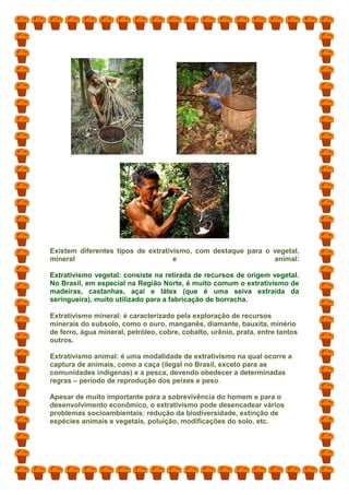 Existem diferentes tipos de extrativismo, com destaque para o vegetal,
mineral e animal:
Extrativismo vegetal: consiste na retirada de recursos de origem vegetal.
No Brasil, em especial na Região Norte, é muito comum o extrativismo de
madeiras, castanhas, açaí e látex (que é uma seiva extraída da
seringueira), muito utilizado para a fabricação de borracha.
Extrativismo mineral: é caracterizado pela exploração de recursos
minerais do subsolo, como o ouro, manganês, diamante, bauxita, minério
de ferro, água mineral, petróleo, cobre, cobalto, urânio, prata, entre tantos
outros.
Extrativismo animal: é uma modalidade de extrativismo na qual ocorre a
captura de animais, como a caça (ilegal no Brasil, exceto para as
comunidades indígenas) e a pesca, devendo obedecer a determinadas
regras – período de reprodução dos peixes e peso.
Apesar de muito importante para a sobrevivência do homem e para o
desenvolvimento econômico, o extrativismo pode desencadear vários
problemas socioambientais: redução da biodiversidade, extinção de
espécies animais e vegetais, poluição, modificações do solo, etc.
 