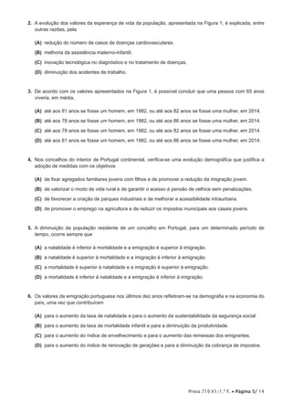 Prova 719.V1/1.ª F. • Página 5/ 14
2.  A evolução dos valores da esperança de vida da população, apresentada na Figura 1, é explicada, entre
outras razões, pela
 (A) redução do número de casos de doenças cardiovasculares.
 (B) melhoria da assistência materno-infantil.
 (C) inovação tecnológica no diagnóstico e no tratamento de doenças.
 (D) diminuição dos acidentes de trabalho.
3.  De acordo com os valores apresentados na Figura 1, é possível concluir que uma pessoa com 65 anos
viveria, em média,
 (A) até aos 81 anos se fosse um homem, em 1982, ou até aos 82 anos se fosse uma mulher, em 2014.
 (B) até aos 78 anos se fosse um homem, em 1982, ou até aos 86 anos se fosse uma mulher, em 2014.
 (C) até aos 78 anos se fosse um homem, em 1982, ou até aos 82 anos se fosse uma mulher, em 2014.
 (D) até aos 81 anos se fosse um homem, em 1982, ou até aos 86 anos se fosse uma mulher, em 2014.
4.  Nos concelhos do interior de Portugal continental, verifica-se uma evolução demográfica que justifica a
adoção de medidas com os objetivos
 (A) de fixar agregados familiares jovens com filhos e de promover a redução da imigração jovem.
 (B) de valorizar o modo de vida rural e de garantir o acesso à pensão de velhice sem penalizações.
 (C) de favorecer a criação de parques industriais e de melhorar a acessibilidade intraurbana.
 (D) de promover o emprego na agricultura e de reduzir os impostos municipais aos casais jovens.
5.  A diminuição da população residente de um concelho em Portugal, para um determinado período de
tempo, ocorre sempre que
 (A) a natalidade é inferior à mortalidade e a emigração é superior à imigração.
 (B) a natalidade é superior à mortalidade e a imigração é inferior à emigração.
 (C) a mortalidade é superior à natalidade e a imigração é superior à emigração.
 (D) a mortalidade é inferior à natalidade e a emigração é inferior à imigração.
6.  Os valores da emigração portuguesa nos últimos dez anos refletiram-se na demografia e na economia do
país, uma vez que contribuíram
 (A) para o aumento da taxa de natalidade e para o aumento da sustentabilidade da segurança social.
 (B) para o aumento da taxa de mortalidade infantil e para a diminuição da produtividade.
 (C) para o aumento do índice de envelhecimento e para o aumento das remessas dos emigrantes.
 (D) para o aumento do índice de renovação de gerações e para a diminuição da cobrança de impostos.
 