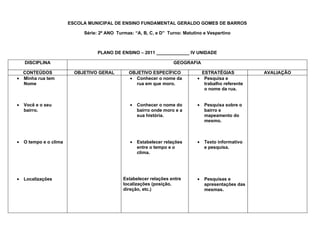 ESCOLA MUNICIPAL DE ENSINO FUNDAMENTAL GERALDO GOMES DE BARROS

                             Série: 2º ANO Turmas: “A, B, C, e D” Turno: Matutino e Vespertino



                                  PLANO DE ENSINO – 2011 _____________ IV UNIDADE

    DISCIPLINA                                                       GEOGRAFIA

  CONTEÚDOS               OBJETIVO GERAL        OBJETIVO ESPECÍFICO              ESTRATÉGIAS           AVALIAÇÃO
• Minha rua tem                                 • Conhecer o nome da           • Pesquisa e
  Nome                                            rua em que moro.                trabalho referente
                                                                                  o nome da rua.


•   Você e o seu                                 •   Conhecer o nome do        •   Pesquisa sobre o
    bairro.                                          bairro onde moro e a          bairro e
                                                     sua história.                 mapeamento do
                                                                                   mesmo.



•   O tempo e o clima                            •   Estabelecer relações      •   Texto informativo
                                                     entre o tempo e o             e pesquisa.
                                                     clima.




•   Localizações                              Estabelecer relações entre       •   Pesquisas e
                                              localizações (posição,               apresentações das
                                              direção, etc.)                       mesmas.
 