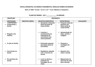 ESCOLA MUNICIPAL DE ENSINO FUNDAMENTAL GERALDO GOMES DE BARROS

                             Série: 2º ANO Turmas: “A, B, C, e D” Turno: Matutino e Vespertino



                                   PLANO DE ENSINO – 2011 _____________ III UNIDADE

    DISCIPLINA                                                       GEOGRAFIA

  CONTEÚDOS               OBJETIVO GERAL        OBJETIVO ESPECÍFICO                ESTRATÉGIAS          AVALIAÇÃO
   CONVIVENDO                                   • Apresentar oralmente         •    Pesquisa sobre as
• Conhecendo a                                    quem faz parte da                 pessoas que
  família                                         nossa família.                    fazem parte da
                                                                                    nossa família.


                                                 •   Levantar o                •   Apresentação de
•   Ninguém vive                                     conhecimento da               texto, recorte e
    sozinho.                                         importância da                colagem.
                                                     convivência com
                                                     outras pessoas.


•   A vida em família                            •   Entrevistar pessoas       •   Pesquisa e
                                                     que fazem parte da            montagem de
                                                     sua família.                  mural.


•   Convivendo na                                •   Estabelecer relações      •   Desenho livre
    escola                                           com o convívio na             sobre a escola.
                                                     escola.


•   Os caminhos da                               •   Levar os alunos a         •   Mapeamento do
    escola                                           participar da                 percurso de casa
                                                     montagem de um                para a Escola.
                                                     mapa.
 
