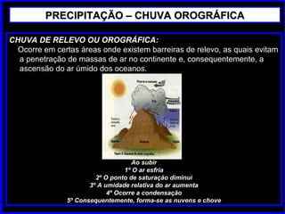 PRECIPITAÇÃO – CHUVA OROGRÁFICAPRECIPITAÇÃO – CHUVA OROGRÁFICA
CHUVA DE RELEVO OU OROGRÁFICA:
Ocorre em certas áreas onde existem barreiras de relevo, as quais evitam
a penetração de massas de ar no continente e, consequentemente, a
ascensão do ar úmido dos oceanos.
Ao subir
1º O ar esfria
2º O ponto de saturação diminui
3º A umidade relativa do ar aumenta
4º Ocorre a condensação
5º Consequentemente, forma-se as nuvens e chove
 