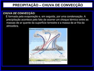 PRECIPITAÇÃO – CHUVA DE CONVECÇÃOPRECIPITAÇÃO – CHUVA DE CONVECÇÃO
CHUVA DE CONVECÇÃO:
É formada pela evaporação e, em seguida, por uma condensação. A
precipitação acontece pelo fato de ocorrer um choque térmico entre as
massas de ar quente da superfície terrestre e a massa de ar fria da
atmosfera.
 