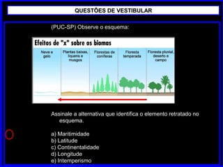 (PUC-SP) Observe o esquema:
Assinale a alternativa que identifica o elemento retratado no
esquema.
a) Maritimidade
b) Latitude
c) Continentalidade
d) Longitude
e) Intemperismo
QUESTÕES DE VESTIBULARQUESTÕES DE VESTIBULAR
 