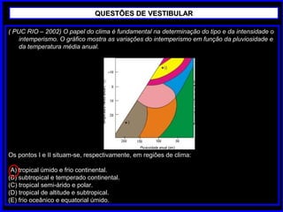 ( PUC RIO – 2002) O papel do clima é fundamental na determinação do tipo e da intensidade o
intemperismo. O gráfico mostra as variações do intemperismo em função da pluviosidade e
da temperatura média anual.
Os pontos I e II situam-se, respectivamente, em regiões de clima:
(A) tropical úmido e frio continental.
(B) subtropical e temperado continental.
(C) tropical semi-árido e polar.
(D) tropical de altitude e subtropical.
(E) frio oceânico e equatorial úmido.
QUESTÕES DE VESTIBULARQUESTÕES DE VESTIBULAR
 