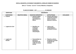 ESCOLA MUNICIPAL DE ENSINO FUNDAMENTAL GERALDO GOMES DE BARROS

                               Série: 2ª Turmas: “A, B e C” Turnos: Matutino e Vespertino



                                 PLANO DE ENSINO – 2011 _____________ III UNIDADE

    DISCIPLINA                                                        GEOGRAFIA

  CONTEÚDOS              OBJETIVO GERAL       OBJETIVO ESPECÍFICO               ESTRATÉGIAS            AVALIAÇÃO
• O bairro                                     • Informar dados,            •   Passeio pelo bairro,
                                                 favorecendo o                  produção de textos
                                                 aprendizado da                 sobre o passeio,
                                                 leitura.                       desenho e pintura.




•   Lugares de viver                           •   Identificar as           •   Leitura oral,
                                                   mudanças                     interpretação e
                                                   ocorridas,                   produção de texto.
                                                   facilitando a
                                                   interpretação.




•   Lugares de                                 •   Conscientizar os         •   Desenho, pintura,
    estudar                                        alunos da                    produção em grupo,
                                                   importância de               confecção de
                                                   cuidar da nossa              cartazes.
                                                   escola.
 