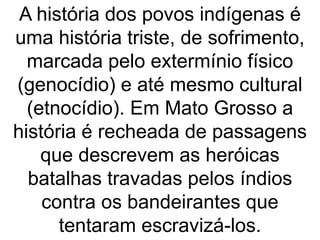 A história dos povos indígenas é
uma história triste, de sofrimento,
marcada pelo extermínio físico
(genocídio) e até mesmo cultural
(etnocídio). Em Mato Grosso a
história é recheada de passagens
que descrevem as heróicas
batalhas travadas pelos índios
contra os bandeirantes que
tentaram escravizá-los.
 