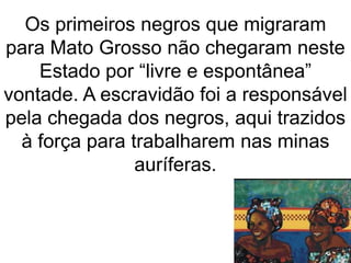 Os primeiros negros que migraram
para Mato Grosso não chegaram neste
Estado por “livre e espontânea”
vontade. A escravidão foi a responsável
pela chegada dos negros, aqui trazidos
à força para trabalharem nas minas
auríferas.
 