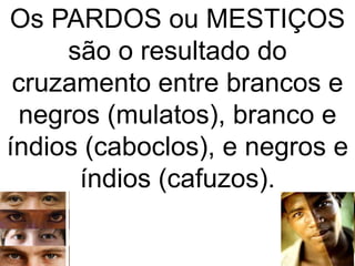 Os PARDOS ou MESTIÇOS
são o resultado do
cruzamento entre brancos e
negros (mulatos), branco e
índios (caboclos), e negros e
índios (cafuzos).
 