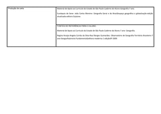 Produção de carta. Material de Apoio ao Currículo do Estado de São Paulo Caderno do Aluno-Geografia-7 ano.
Eustáquio de Sene- João Carlos Moreira- Geografia Geral e do Brasil(espaço geográfico e globalização-edição
atualizada-editora Scipione.
FONTES DE REFERÊNCIA PARA O ALUNO:
Material de Apoio ao Currículo do Estado de São Paulo Caderno do Aluno-7 ano- Geografia.
Regina Araújo-Angela Corrêa da Silva-Raul Borges Guimarães- Observatório de Geografia-Território Brasileiro-7
ano-Geografia(ensino fundamental)editora moderna-1 ediçãoSP-2009.
 