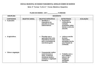 ESCOLA MUNICIPAL DE ENSINO FUNDAMENTAL GERALDO GOMES DE BARROS

                                Série: 3ª Turmas: “A, B e C ”. Turnos: Matutino e Vespertino



                                   PLANO DE ENSINO – 2011 _____________ II UNIDADE

    DISCIPLINA                                                       GEOGRAFIA

  CONTEÚDOS               OBJETIVO GERAL         OBJETIVO ESPECÍFICO             ESTRATÉGIAS             AVALIAÇÃO
• A pecuária                                      • Identificar a               • Exposição e
                                                    importância da                confecção de
                                                    pecuária na nossa             cartazes
                                                    sobrevivência.                produzidos pelos
                                                                                  alunos a cerca do
                                                                                  assunto.




•   A agricultura                                •   Perceber que a             •   Leitura e escrita
                                                     agricultura tem uma            de texto
                                                     importância enorme             informativo,
                                                     para a sociedade de            atividades escrita
                                                     uma forma geral.               para fixação do
                                                                                    conteúdo.




•   Clima e vegetação                            •   Compreender melhor
                                                     como funciona o            •   Trabalho com o
                                                     clima, mudanças                livro didático,
                                                     climáticas atuais e            leitura e de
                                                     conhecer a vegetação           imagens e
                                                     brasileira.                    atividades
                                                                                    escritas.
 