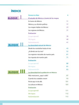 BLOQUE
BLOQUE
BLOQUE
I
II
III
ÍNDICE
Conoce tu libro	 4
El estudio de México a través de los mapas
En busca de México	 11
México y su división política	 17
Los mapas hablan de México	 23
Las regiones de México	 31
Evaluación	
Lo que aprendí	 39
Mis logros	 40
Autoevaluación	 41
La diversidad natural de México
Desde las montañas hasta el mar	 45
¿A dónde van los ríos?	 53
Las regiones naturales de nuestro país 	 61
Las riquezas de nuestro país	 71
Evaluación	
Lo que aprendí	 80
Mis logros	 81
Autoevaluación	 83
La diversidad de la población en México
Más mexicanos, ¿aquí o allá?	 87
Cuando las ciudades crecen	 93
Ni de aquí ni de allá	 101
La cultura en México	 107
Evaluación
Lo que aprendí 111
Mis logros 112
Autoevaluación 113
AB-GEO B1_p. 1-41.indd 6 12/12/11 10:12
 