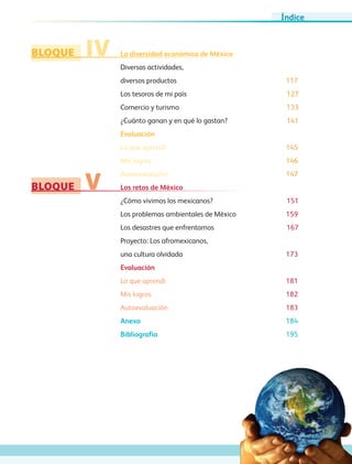 BLOQUE
BLOQUE
IV
V
La diversidad económica de México
Diversas actividades,
diversos productos	 117
Los tesoros de mi país	 127
Comercio y turismo	 133
¿Cuánto ganan y en qué lo gastan?	 141
Evaluación
Lo que aprendí 145
Mis logros 146
Autoevaluación 147
Los retos de México
¿Cómo vivimos los mexicanos?	 151
Los problemas ambientales de México	 159
Los desastres que enfrentamos	 167
Proyecto: Los afromexicanos,
una cultura olvidada	 173
Evaluación
Lo que aprendí 181
Mis logros 182
Autoevaluación 183
Anexo	 184
Bibliografía	 195
Índice
AB-GEO B1_p. 1-41.indd 7 28/02/12 10:26
 
