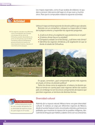 Actividad
Utiliza el mapa semitransparente de división política que calcaste.
Reúnete con un compañero, coloquen su mapa sobre el mapa
de la página anterior y respondan las siguientes preguntas:
•• ¿Cuál es el clima y la vegetación que predomina en el país?
•• ¿Cuántos climas hay en tu entidad?
•• Compara tu estado con el de Donají, ¿cuál tiene más climas?
•• Identifica las regiones climáticas y de vegetación en que se
divide el estado de Chihuahua.
En grupo, comenten: ¿qué componente genera más regiones
en el país, el clima o la división política?
Tanto los climas como la vegetación, el relieve y la división po-
lítica se toman en cuenta para crear regiones dentro de nuestro
país; sin embargo no son los únicos componentes de espacio que
permiten organizar un territorio de distintas formas.
✥ Un dato interesante
Lafloramexicanaesunade
las más variadas del planeta. Por
su diversidad de especies ocupa
el cuarto lugar en el mundo.
Los mapas regionales, como el que acabas de elaborar, te ayu-
dan a conocer más acerca del lugar en el que vives y muchos
otros. Para que lo compruebes realiza la siguiente actividad.
ΕΕ Dos regiones naturales muy diferentes,
como el semidesierto de la meseta
y los bosques de las sierras de
Chihuahua, pueden desarrollarse una
junto a la otra gracias a que el relieve
montañoso reduce la temperatura,
provoca la lluvia en el verano o la
nieve durante el invierno, y favorece el
crecimiento de los bosques.
Diversidad cultural
Además de su riqueza natural, México tiene una gran diversidad
cultural. Si realizas un viaje por diferentes regiones de México,
desde el sureste hasta el norte, encontrarás coloridos y pintorescos
poblados que muestran la riqueza de los pueblos indígenas, des-
cubrirás las lenguas que hablan y sabrás cómo son sus artesanías.
34
IBloque
AB-GEO B1_p. 1-41.indd 34 28/02/12 10:26
 