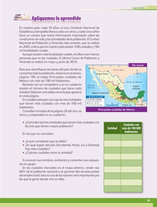 Apliquemos lo aprendido
En nuestro país, cada 10 años, el inegi (Instituto Nacional de
EstadísticayGeografía)llevaacabouncenso,ycadacincoaños
hace un conteo que reúne información importante sobre las
condiciones de vida y las actividades de la población. El Conteo
Nacional de Población y Vivienda más reciente, que se realizó
en 2005, indica que en nuestro país existen 358 ciudades y 184
mil localidades rurales.
Aunque existen más localidades rurales, en ellas viven menos
personas que en las ciudades. El último Censo de Población y
Vivienda se realizó en mayo y junio de 2010.
Para que identifiques las áreas del país donde se
concentra más la población, observa en el anexo,
página 190, el mapa Principales ciudades de
México con más de 100 mil habitantes.
Reúnete con un compañero y en su cuaderno
anoten el número de ciudades que tiene cada
entidad. Elaboren una tabla como la que aparece
en esta página.
Ensutablasubrayenconrojolastresentidades
que tienen más ciudades con más de 100 mil
habitantes.
Consulten el mapa de la página 28 del Atlas de
México y respondan en su cuaderno:
•• ¿Coinciden las tres entidades que tienen más ciudades con
las tres que tienen mayor población?
En las que no coinciden:
•• ¿A qué consideran que se debe?
•• ¿En qué región del país (Occidental, Norte, Sur y Oriental)
hay más ciudades?
•• ¿Cuántas ciudades tiene su entidad?
Si conocen sus nombres, anótenlos y comenten sus respues-
tas en grupo.
En las ciudades marcadas en el mapa anterior, reside casi
60% de la población nacional y se generan dos terceras partes
del empleo total; ésta es una de las razones más importantes por
las que la gente decide vivir en ellas.
S i m b o l o g ía
Más de 1 000 000
De 100 000 a 999 999
número de habitantes
Principales ciudades
BELICE
ESTADOS UNIDOS
GUATEMALA
Región Norte
Región Occidental
Región Sur
Región
Oriental
23° 27’
30°
25°
20°
15°
115° 110° 105° 100° 95° 90° 85°
0 300 600 km
Océano
Pacífico
Golfo de México
Principales ciudades de México
Ver anexo
Entidad
Ciudades con
más de 100 000
habitantes
Lección 1
91
AB-GEO B3_p.84-113.indd 91 12/12/11 10:17
 