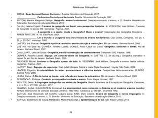 Referências Bibliográficas
• BRASIL. Base Nacional Comum Curricular. Brasília: Ministério da Educação, 2017.
• ________________. ParâmetrosCurriculares Nacionais. Brasília: Ministério da Educação,1997.
• BUITONI, Marísia Margarida Santigo. Geografia: ensino fundamental. Coleção explorando o ensino; v. 22. Brasília: Ministério da
Educação, Secretaria de educação Básica, 2010.
• CALLAI, Helena Copetti. O ensino de geografia no Brasil: uma perspectiva histórica. In: VESENTINI, José William. O ensino
de Geografia no século XXI. Campinas: Papirus, 2007.
• ________________. A geografia e a escola: muda a Geografia? Muda o ensino? Associação dos Geógrafos Brasileiros –
Revista Terra Livre. N. 16: São Paulo, 2001.
• ________________. Ler o mundo: a Geografia nos anos iniciais do ensino fundamental. Cad. Cedes, Campinas, vol. 25, n.
66, p. 227-247, maio/ago. 2005
• CASTRO, Iná Elias de. Geografia e política: território, escalas de ação e instituições. Rio de Janeiro: Bertrand Brasil, 2005.
• CASTRO, Iná Elias de; CORRÊA, Roberto Lobato; GOMES, Paulo Cesar da Costa. Geografia: conceitos e temas. Rio de
Janeiro: Bertrand Brasil, 2007.
• CAVALCANTI, Lana de Souza. Geografia, escola e construção de conhecimentos. Campinas (SP), Papirus, 1998.
• CORRÊA, Roberto Lobato. Espaço: um conceito-chave da Geografia. In: CASTRO, I.E. [et al] (org.). Geografia: conceitos e
temas. 7a ed. Rio de Janeiro: Bertrand Brasil, 2005.
• FOUCHER, Michel. Lecionar a Geografia, apesar de tudo. In: VESENTINI, José William. Geografia e ensino: textos críticos.
Campinas: Papirus, 2007.
• HARVEY, David. Espaços de esperança. [trad. Adail Ubirajara Sobral e maria Stela Gonçalves]. Loyola: São Paulo, 2004.
• LANDER, Edgardo. A colonialidade do saber: eurocentrismo e ciências sociais. Perspectivas latino-americanas. CLACSO:
Buenos Aires, 2005.
• LESSA, Carlos. O Rio de todos os brasis: uma reflexão em busca de auto-estima. Rio de Janeiro: Bertrand Brasil, 2005.
• PERRENOUD, Phillippe. Construir as competências desde a escola. Porto Alegre: Artmed, 1997.
• RICHTER, Denis. A linguagem cartográfica no ensino de Geografia. Revista Brasileira de Educação em Geografia, Campinas,
v. 7, n. 13, p. 277-300, jan./jun., 2017.
• QUIJANO, Aníbal; WALLERSTEIN, Immanuel. La americanidad como concepto, o América en el moderno sistema mundial.
Revista Internacional de Ciencias Sociales: América: 1492-1992, Catalunya, p. 583-591, diciembre 1992.
• SANTOS, José Rosselvelt; DA COSTA, Cláudia Lúcia; KINN, Marli Graniel. Ensino de Geografia e novas linguagens. In:
Coleção explorando o ensino; v. 22. Brasília: Ministério da Educação, Secretaria de educação Básica, 2010.
• SANTOS, Boaventura de Souza; MENESES, Maria Paula (orgs.). Epistemologias do sul. São Paulo: Cortez, 2013.
28
 