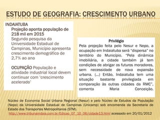 INDAIATUBA
Projeção aponta população de
218 mil em 2015
Segundo pesquisa da
Universidade Estadual de
Campinas, Município apresenta
crescimento demográfico de
2,7% ao ano
OCUPAÇÃO População e
atividade industrial local devem
continuar com ‘crescimento
acelerado’
ESTUDO DE GEOGRAFIA: CRESCIMENTO URBANO
Núcleo de Economia Social Urbana Regional (Nesur) e pelo Núcleo de Estudos da População
(Nepo) da Universidade Estadual de Campinas (Unicamp) sob encomenda da Secretaria de
Estado dos Transportes Metropolitanos (STM).
http://www.tribunaindaia.com.br/Edicao_07_10_06/cidade13.html acessado em 20/01/2012
Privilégio
Pela projeção feita pelo Nesur e Nepo, a
ocupação em Indaiatuba será “dispersa” no
território do Município. “Pela dinâmica
imobiliária, a cidade também já tem
condições de abrigar os futuros moradores,
sem necessidade de nova expansão
urbana. (...) Então, Indaiatuba tem uma
situação bastante privilegiada em
comparação às outras cidades da RMC”,
comenta Maria Conceição.
 