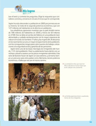 103
Mis logros
ΕΕ La cantidad de niños que nacen en
África cada año es mucho mayor que
la de cualquier otro continente.
ΕΕ Las familias japonesas tienen, usualmente,
menos de cinco integrantes.
Lee el texto y contesta las preguntas. Elige la respuesta que con-
sideres correcta y encierra en círculo el inciso que le corresponde.
Japón ha visto descender su población en 2005 por primera vez en
su historia. Se trata de la segunda potencia económica, que con
127 millones de habitantes es la décima en población.
Las estadísticas japonesas muestran que su país tendrá menos
de 100 millones de habitantes en 2050 y menos de 50 millones
en 2100. Esto se debe al cambio de hábitos en una población bien
alimentada y cuidada sanitariamente con la mayor esperanza de
vidaenelmundo:loshombres77añosylasmujeres84.Aldescenso
enlosnacimientosseuneunmayorenvejecimientodelapoblación,
con los consiguientes riesgos para cubrir puestos de trabajo, cotiza-
ciones a la seguridad social y garantía de las pensiones.
Japón tiene una de las tasas más bajas de inmigrantes del mun-
do, 1.5% de la población. Viven su aislamiento hacia dentro con un
rechazo cultural a casarse con los pocos inmigrantes admitidos. Esta
serie de factores hacen de Japón un caso extremo, y al mismo tiem-
po un precursor para otros países como Alemania, tercera potencia
económica, e Italia que van por el mismo camino.
AB-GEO-5-P-074-107.indd 103 17/02/12 11:06
 