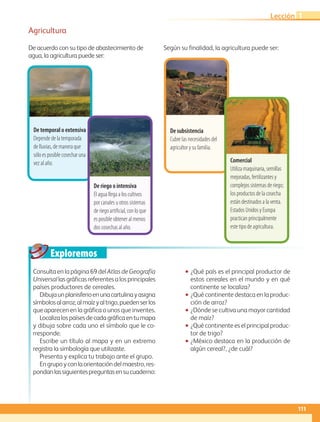 Exploremos
De temporal o extensiva
Depende de la temporada
de lluvias, de manera que
sólo es posible cosechar una
vez al año.
De subsistencia
Cubre las necesidades del
agricultor y su familia.
De riego o intensiva
El agua llega a los cultivos
por canales u otros sistemas
de riego artificial, con lo que
es posible obtener al menos
dos cosechas al año.
Comercial
Utiliza maquinaria, semillas
mejoradas, fertilizantes y
complejos sistemas de riego;
los productos de la cosecha
están destinados a la venta.
Estados Unidos y Europa
practican principalmente
este tipo de agricultura.
Consulta en la página 69 del Atlas de Geografía
Universal lasgráficasreferentesalosprincipales
países productores de cereales.
Dibujaunplanisferioenunacartulinayasigna
símbolosalarroz,almaízyaltrigo,puedenserlos
que aparecen en la gráfica o unos que inventes.
Localizalospaísesdecadagráficaentumapa
y dibuja sobre cada uno el símbolo que le co-
rresponde.
Escribe un título al mapa y en un extremo
registra la simbología que utilizaste.
Presenta y explica tu trabajo ante el grupo.
Engrupoyconlaorientacióndelmaestro,res-
pondanlassiguientespreguntasensucuaderno:
•• ¿Qué país es el principal productor de
estos cereales en el mundo y en qué
continente se localiza?
•• ¿Qué continente destaca en la produc-
ción de arroz?
•• ¿Dónde se cultiva una mayor cantidad
de maíz?
•• ¿Qué continente es el principal produc-
tor de trigo?
•• ¿México destaca en la producción de
algún cereal?, ¿de cuál?
Agricultura
De acuerdo con su tipo de abastecimiento de
agua, la agricultura puede ser:
Según su finalidad, la agricultura puede ser:
111
Lección 1
AB-GEO-5-P-108-149.indd 111 17/02/12 11:19
 