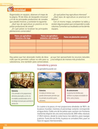 Actividad
Países con agricultura
intensiva o de riego
Países con agricultura
extensiva o de temporal
Paísesconplantacióncomercial
Extensiva
Se realiza en terrenos cuyas
grandes dimensiones permiten que
los animales encuentren pastos
suficientes.
Intensiva
A los animales se les proporcionan
alimentos procesados y se les cría
en establos acondicionados con la
tecnología necesaria para aumentar la
producción.
De autoconsumo
La practican las familias para
satisfacer sus propias necesidades de
leche, carne y huevos.
Organizados en equipos, observen el mapa de
la página 70 del Atlas de Geografía Universal
y el de los principales productores de cereales
que ustedes hicieron, y contesten lo siguiente:
¿Qué tipo de agricultura se practica en los
países productores de cereal?
¿En qué países se localizan las principales
plantaciones comerciales?
¿En qué países hay agricultura intensiva?
¿Qué tipos de agricultura se practican en
México?
Con el mismo mapa, completen la tabla y
anoten algunos países que corresponden a cada
columna.Comentensusresultadosconlosdemás
equipos.
Ganadería y pesca
La ganadería puede ser:
En cuanto a la pesca, el mar proporciona alrededor de 90% de
la pesca mundial, mientras el porcentaje restante corresponde
al agua dulce. Cada uno de los países que cuentan con fronteras
marítimas dispone de una zona exclusiva de 200 millas náuticas
(1 852 metros), desde la costa hacia mar adentro, para navegar
y pescar. Fuera de ese límite, la pesca se considera libre, pues se
hace en aguas internacionales.
Hay países que han alcanzado niveles de desa-
rrollo que les permiten cultivar no sólo para su
subsistencia, sino también para comercializar,
ya que han aprovechado los recursos naturales
y tecnológicos de manera más productiva.
112
IVBloque
AB-GEO-5-P-108-149.indd 112 17/02/12 11:19
 