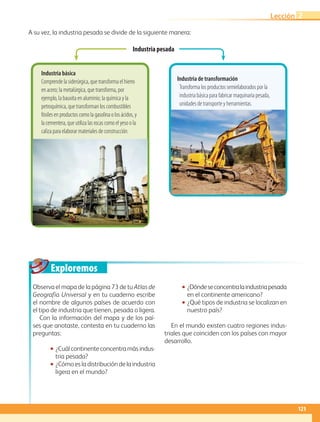 Exploremos
A su vez, la industria pesada se divide de la siguiente manera:
Observa el mapa de la página 73 de tu Atlas de
Geografía Universal y en tu cuaderno escribe
el nombre de algunos países de acuerdo con
el tipo de industria que tienen, pesada o ligera.
Con la información del mapa y de los paí-
ses que anotaste, contesta en tu cuaderno las
preguntas:
•• ¿Cuálcontinenteconcentramásindus-
tria pesada?
•• ¿Cómo es la distribución de la industria
ligera en el mundo?
•• ¿Dóndeseconcentralaindustriapesada
en el continente americano?
•• ¿Qué tipos de industria se localizan en
nuestro país?
En el mundo existen cuatro regiones indus-
triales que coinciden con los países con mayor
desarrollo.
Industria de transformación
Transforma los productos semielaborados por la
industria básica para fabricar maquinaria pesada,
unidades de transporte y herramientas.
Industria pesada
Industria básica
Comprende la siderúrgica, que transforma el hierro
en acero; la metalúrgica, que transforma, por
ejemplo, la bauxita en aluminio; la química y la
petroquímica, que transforman los combustibles
fósiles en productos como la gasolina o los ácidos, y
la cementera, que utiliza las rocas como el yeso o la
caliza para elaborar materiales de construcción.
121
Lección 2
AB-GEO-5-P-108-149.indd 121 17/02/12 11:19
 