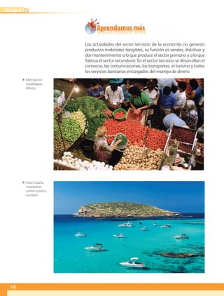 ΕΕ Mercado en
Guadalajara,
México.
ΕΕ Ibiza, España,
importante
centro turístico
europeo.
Aprendamos más
Las actividades del sector terciario de la economía no generan
productos materiales tangibles, su función es vender, distribuir y
dar mantenimiento a lo que produce el sector primario y a lo que
fabrica el sector secundario. En el sector terciario se desarrollan el
comercio, las comunicaciones, los transportes, el turismo y todos
los servicios bancarios encargados del manejo de dinero.
128
IVBloque
AB-GEO-5-P-108-149.indd 128 17/02/12 11:20
 