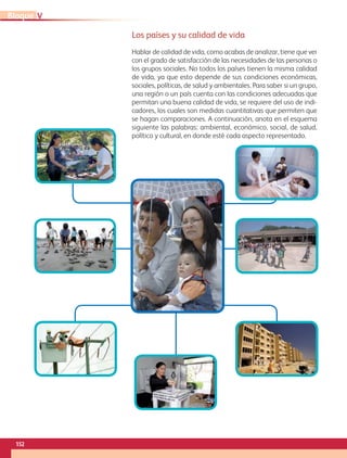 Los países y su calidad de vida
Hablar de calidad de vida, como acabas de analizar, tiene que ver
con el grado de satisfacción de las necesidades de las personas o
los grupos sociales. No todos los países tienen la misma calidad
de vida, ya que esto depende de sus condiciones económicas,
sociales, políticas, de salud y ambientales. Para saber si un grupo,
una región o un país cuenta con las condiciones adecuadas que
permitan una buena calidad de vida, se requiere del uso de indi-
cadores, los cuales son medidas cuantitativas que permiten que
se hagan comparaciones. A continuación, anota en el esquema
siguiente las palabras: ambiental, económico, social, de salud,
político y cultural, en donde esté cada aspecto representado.
152
VBloque
AB-GEO-5-P-150-187.indd 152 17/02/12 11:24
 