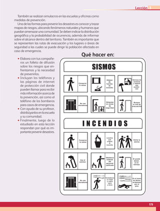 •• Elabora con tus compañe-
ros un folleto de difusión
sobre los riesgos que en-
frentamos y la necesidad
de prevenirlos.
•• Incluyan los teléfonos y
las páginas de internet
de protección civil donde
pueden llamar para recibir
másinformaciónacercade
la prevención, así como el
teléfono de los bomberos
para casos de emergencia.
•• Con ayuda de su profesor,
distribúyanlosenlaescuela
y su comunidad.
•• Finalmente, luego de lo
estudiado en esta lección
respondan por qué es im-
portanteprevenirdesastres.
También se realizan simulacros en las escuelas y oficinas como
medidas de prevención.
Unadelasformasparaprevenirlosdesastresesconocerytrazar
mapas de riesgos, ubicando fenómenos naturales y humanos que
puedanamenazarunacomunidad.Sedebenindicarladistribución
geográfica y la probabilidad de ocurrencia, además de informar
sobre el alcance dentro del territorio. También es importante que
se representen las rutas de evacuación y los lugares o áreas de
seguridad a las cuales se puede dirigir la población afectada en
caso de emergencia. 
• Elabora con tus compañe-
ros un folleto de difusión
sobre los riesgos que en-
frentamos y la necesidad
de prevenirlos.
• Incluyan los teléfonos y
las páginas de Internet
de protección civil donde
pueden llamar para recibir
másinformaciónacercade
la prevención, así como el
teléfono de los bomberos
para casos de emergencia.
• Con ayuda de su profesor,
distribúyanlosenlaescuela
y su comunidad.
• Finalmente, luego de lo
estudiado en esta lección
respondan por qué es im-
portanteprevenirdesastres.
También se realizan simulacros en las escuelas y oficinas como
medidas de prevención.
Unadelasformasparaprevenirlosdesastresesconocerytrazar
mapasdepeligros,ubicandofenómenosnaturalesyhumanosque
pudieranamenazarunacomunidad.Sedebenindicarladistribución
geográfica y la probabilidad de ocurrencia, además de informar
sobre el alcance dentro del territorio. También es importante que
se representen las rutas de evacuación y los lugares o áreas de
seguridad a las cuales se puede dirigir la población afectada en
caso de emergencia. 
I N C E N D I O S
SISMOS
Conserve
la calma
No use
elevadores
Ubíquese
en zonas
de
seguridad
Busque
la ruta de
evacuación
Retírese de
ventanas
y objetos
que
puedan
caer
Conserve
la calma
No use
elevadores
Localice
qué
originó
el
incendio
Use el
extintor
Obedezca
órdenes
del
personal
calificado
Emita la
alarma
Si puede
apoye,
si no
retírese
Si el humo
es denso
arrástrese
por el
piso
Humedezca
un trapo
y cubra
nariz
y boca
Aléjese
de
fuentes
de
incendio
Qué hacer en:
173
Lección 3
AB-GEO-5-P-150-187.indd 173 27/05/11 12:10 PM
173
Lección 3
AB-GEO-5-P-150-187.indd 173 17/02/12 11:25
 