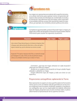 Exploremos
24
IBloque
24
Situaciones Mapa o mapas Página o páginas
Carlos visitará el Parque Nacional Iguazú, en la frontera de Argentina, Brasil
y Paraguay; quiere saber qué tipo de relieve tiene, su clima, qué región o
regiones naturales hay y qué ríos alimentan esas enormes cascadas.
El grupo de 5º B se ganó un viaje para visitar París y su maestra les encargó
que investigaran en su atlas, el clima, los sitios de patrimonio natural y
cultural, y las actividades económicas que se realizan en Francia.
Aprendamos más
Losmapassonrepresentacionesplanasdelasuperficieterrestre,
y se utilizan elementos para expresar ciertos componentes del
espacio seleccionado: la simbología, las coordenadas, la escala y
la orientación. Hay diferentes tipos de mapas, todos responden
a necesidades distintas, ya que sólo representan aspectos espe-
cíficos, por ejemplo, ríos, montañas, división política, entre otros.
Completa la siguiente tabla, anota el título del mapa o mapas y la
páginadetuAtlasdeGeografíaUniversalenlaquepuedesobtener
información para resolver las siguientes situaciones.
Comenten: ¿qué tipo de mapa utilizaron en cada situación?
¿Para qué son útiles los mapas?
Anoten en su cuaderno una situación en la que ustedes hayan
utilizado o utilizarían un mapa.
Existen diferentes tipos de mapas y cada uno tiene un uso
específico.
Proyecciones cartográficas: aplanando la Tierra
Para representar en papel o en otra superficie plana la forma de la
Tierra, que es curva, se realizan cálculos geométricos con los círcu-
los imaginarios que envuelven al planeta: paralelos y meridianos.
Los cartógrafos, que son los responsables de elaborar diferentes
tipos de mapas, proyectan esos círculos en líneas sobre un plano,
deformando la representación de la superficie terrestre.
✥ Consulta en...
Para saber más sobre
las proyecciones, entra en hdt
al recurso “Proyecciones plana y
cilíndrica”.
AB-GEO-5-P-008-037.indd 24 17/02/12 10:54
 