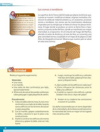 Actividad
✥ Consulta en...
Paraquetenganmayorin-
formación sobre el origen de los
sismos, entren en hdt al recurso
“Sismos:funcionamientoyorigen”.
Tambiénpodránobservaralgunos
videos.Comentenengrupoloque
lesresultómásinteresante.
Realiza el siguiente experimento.
Materiales
•• Una mesa.
•• Un martillo.
•• Una tabla de diez centímetros por lado,
aproximadamente.
•• 30terronesdeazúcar(lospuedessustituirpor
cubosparajugarocajaspequeñasdecartón).
Procedimiento
1.	 Colocalatablasobrelamesa.Aunoscinco
centímetros a un lado de la tabla, levanta
varios edificios con los terrones de azúcar
o cajas pequeñas.
2.	 Con el martillo, golpea cuidadosamente
la tabla y observa lo que le pasa a las
construcciones.
3.	 Vuelve a construir los edificios a la misma
distancia y golpea la tabla, esta vez más
fuerte.
4.	 Luego, construye los edificios y colócalos
más lejos de la tabla, golpea primero des-
pacio y después fuerte.
•• ¿Quésucedióconlosedificiosencadacaso?
•• ¿Cómo influyeron las distancias entre la
tabla y los edificios?
•• ¿Cuándo se cayeron más edificios, cuándo
estaban más cerca o lejos del golpe?
5.	 Anoten en su cuaderno las conclusiones
e ilustren lo sucedido.
Los daños ocasionados por un sismo dependen
de la intensidad y de la distancia del epicentro,
la intensidad del sismo es mayor en los lugares
más cercanos a éste.
Los sismos o temblores
La superficie de la Tierra está formada por placas tectónicas que,
cuando se mueven, modifican el relieve: originan montañas o fa-
vorecen la salida de material volcánico y, en ocasiones, provocan
sismos o temblores. Los sismos son los movimientos vibratorios
originados por la energía que se libera al chocar las placas tectó-
nicas. El lugar donde se produce un sismo se llama foco o hipo-
centro y el punto arriba del foco, donde se manifiesta con mayor
intensidad, es el epicentro. En el Cinturón de Fuego del Pacífico,
ubicado al oeste de América y al este de Asia, se concentra una
gran actividad sísmica. Localízalo en el mapa de la página 23 del
Atlas de Geografía Universal. Observa que nuestro país se ubica
en esta zona sísmica.
Epicentro
Foco
44
IIBloque
AB-GEO-5-P-038-073.indd 44 17/02/12 10:56
 