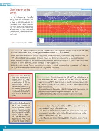 ΕΕ Proyección cartográfica de Miller.
Climas polares. Se localizan en las latitudes altas, después de los círculos polares. La temperatura media del mes
más cálido es menor a 10º C y poseen precipitaciones menores a 300 mm anuales.
	 Polar de tundra. Cercano a los círculos polares, con frío intenso y constante, ningún mes supera los
10º C. Precipitaciones escasas en forma de nieve, que disminuyen conforme se acerca a los polos.
	 Polar de hielos perpetuos. Frío intenso y constante con temperaturas de 0º o menos. Precipitaciones
escasas en forma de nieve. En este clima ya no hay vegetación.
	 Polar de alta montaña. Se dan en las altas montañas, donde la altitud influye después de los 3 000 m.
Se localiza alrededor del mundo en zonas de grandes cordilleras.
0˚10˚20˚40˚50˚60˚90˚ 70˚80˚110˚ 100˚120˚140˚ 130˚150˚160˚ 10˚ 20˚ 30˚30˚ 40˚ 50˚ 60˚ 90˚70˚ 80˚ 100˚ 110˚ 120˚ 130˚ 140˚ 150˚ 160˚ 170˚ 180˚
0˚10˚20˚40˚50˚60˚90˚ 70˚80˚110˚ 100˚120˚140˚ 130˚150˚160˚ 10˚ 20˚ 30˚30˚ 40˚ 50˚ 60˚ 90˚70˚ 80˚ 100˚ 110˚ 120˚ 130˚ 140˚ 150˚ 160˚ 170˚ 180˚
0˚
20˚
10˚
30˚
23˚27´
23˚27´
40˚
50˚
60˚
20˚
10˚
30˚
50˚
40˚
60˚
70˚
80˚
0˚
20˚
20˚
10˚
10˚
30˚
50˚
40˚
60˚
80˚
70˚
80˚
70˚
90˚
30˚
50˚
40˚
60˚
70˚
80˚
Escala 1:172 000 000
0 4500 km1500 3000
Tropical
Seco
Templado
Frío
Polar
Grupos climáticos
S i m b o l o g í a
Climas templados. Se distribuyen entre 30º y 45º de latitud norte y
sur. Son favorables para la gente por sus temperaturas medias,
superiores a los 10º C durante todo el año. Presentan una sucesión
de las cuatro estaciones bien diferenciadas por las temperaturas y
las precipitaciones.
	 Templado lluvioso. Carece de estación seca y sus temperaturas no
presentan cambios bruscos por la influencia del mar.
	 Mediterráneo. Presenta veranos secos e inviernos lluviosos.
Climas tropicales. Se loca-
lizan en la zona cálida o
tropical, desde los 0º has-
ta los trópicos de Cáncer
y Capricornio. Presentan
temperaturas elevadas y
abundantes precipitacio-
nes durante todo el año
o en verano y parte de
otoño.
Climas secos. Se localizan de los 25º a los 50º de latitud. En ellos, la
evaporación es mayor a la precipitación.
	 Seco desértico. Predomina la aridez, casi nunca llueve y las tem-
peraturas son variables todo el año. Clima extremoso de noches
muy frías y en el día hasta 50º C.
	 Seco estepario.Deveranoslargosycálidoseinviernoscortos.Nieva
un poco.
Climas fríos. Se localizan, de
los 50º de latitud a los
círculos polares, con in-
viernos rigurosos, donde
latemperaturamediadel
mes más frío es inferior a
-3ºCyladelmesmáscá-
lido,mayora10ºC.Nieva
unoomásmesesdelaño.
Clasificación de los
climas
Los climas tropicales, templa-
dos y fríos son húmedos, por
lo que se combinan con las
características de los diferen-
tes tipos de lluvia (frecuencia
y épocas en las que ocurren):
todo el año, en verano o en
invierno.
58
IIBloque
AB-GEO-5-P-038-073.indd 58 17/02/12 10:57
 