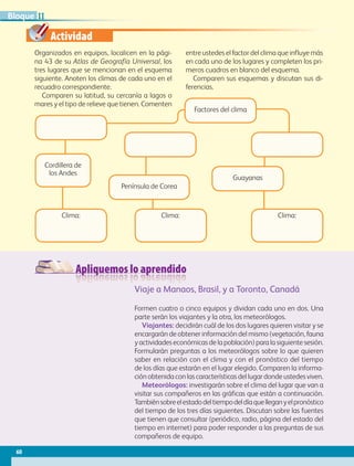 Actividad
Apliquemos lo aprendido
Organizados en equipos, localicen en la pági-
na 43 de su Atlas de Geografía Universal, los
tres lugares que se mencionan en el esquema
siguiente. Anoten los climas de cada uno en el
recuadro correspondiente.
Comparen su latitud, su cercanía a lagos o
mares y el tipo de relieve que tienen. Comenten
entre ustedes el factor del clima que influye más
en cada uno de los lugares y completen los pri-
meros cuadros en blanco del esquema.
Comparen sus esquemas y discutan sus di-
ferencias.
Viaje a Manaos, Brasil, y a Toronto, Canadá
Formen cuatro o cinco equipos y dividan cada uno en dos. Una
parte serán los viajantes y la otra, los meteorólogos.
Viajantes: decidirán cuál de los dos lugares quieren visitar y se
encargarán de obtener información del mismo (vegetación, fauna
y actividades económicas de la población) para la siguiente sesión.
Formularán preguntas a los meteorólogos sobre lo que quieren
saber en relación con el clima y con el pronóstico del tiempo
de los días que estarán en el lugar elegido. Comparen la informa-
ción obtenida con las características del lugar donde ustedes viven.
Meteorólogos: investigarán sobre el clima del lugar que van a
visitar sus compañeros en las gráficas que están a continuación.
Tambiénsobreelestadodeltiempodeldíaquelleganyelpronóstico
del tiempo de los tres días siguientes. Discutan sobre las fuentes
que tienen que consultar (periódico, radio, página del estado del
tiempo en internet) para poder responder a las preguntas de sus
compañeros de equipo.
Guayanas
Clima:
Península de Corea
Clima:
Factores del clima
Cordillera de
los Andes
Clima:
60
IIBloque
AB-GEO-5-P-038-073.indd 60 17/02/12 10:57
 