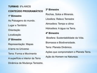 TURMAS: 6ºs ANOS
CONTEÚDO PROGRAMÁTICO
1º Bimestre
As Paisagens do mundo.
Lugar e Território
Orientação
Localização
2º Bimestre
Representação: Mapas
A terra no Universo
Terra: Forma e Movimento
A superfície e interior da Terra
Dinâmica de Mudança Terrestre.
3º Bimestre
Rochas, Solos e Minerais.
Litosfera: Relevo Terrestre
Atmosfera: Tempo e clima
Hidrosfera: A água na Terra.
4º Bimestre
Biosfera: Sustentabilidade da Vida.
Biomassa e Biodiversidade.
Terra: Planeta Dinâmico.
Ações que comprometem o Planeta Terra.
Ação do Homem na Natureza.
 