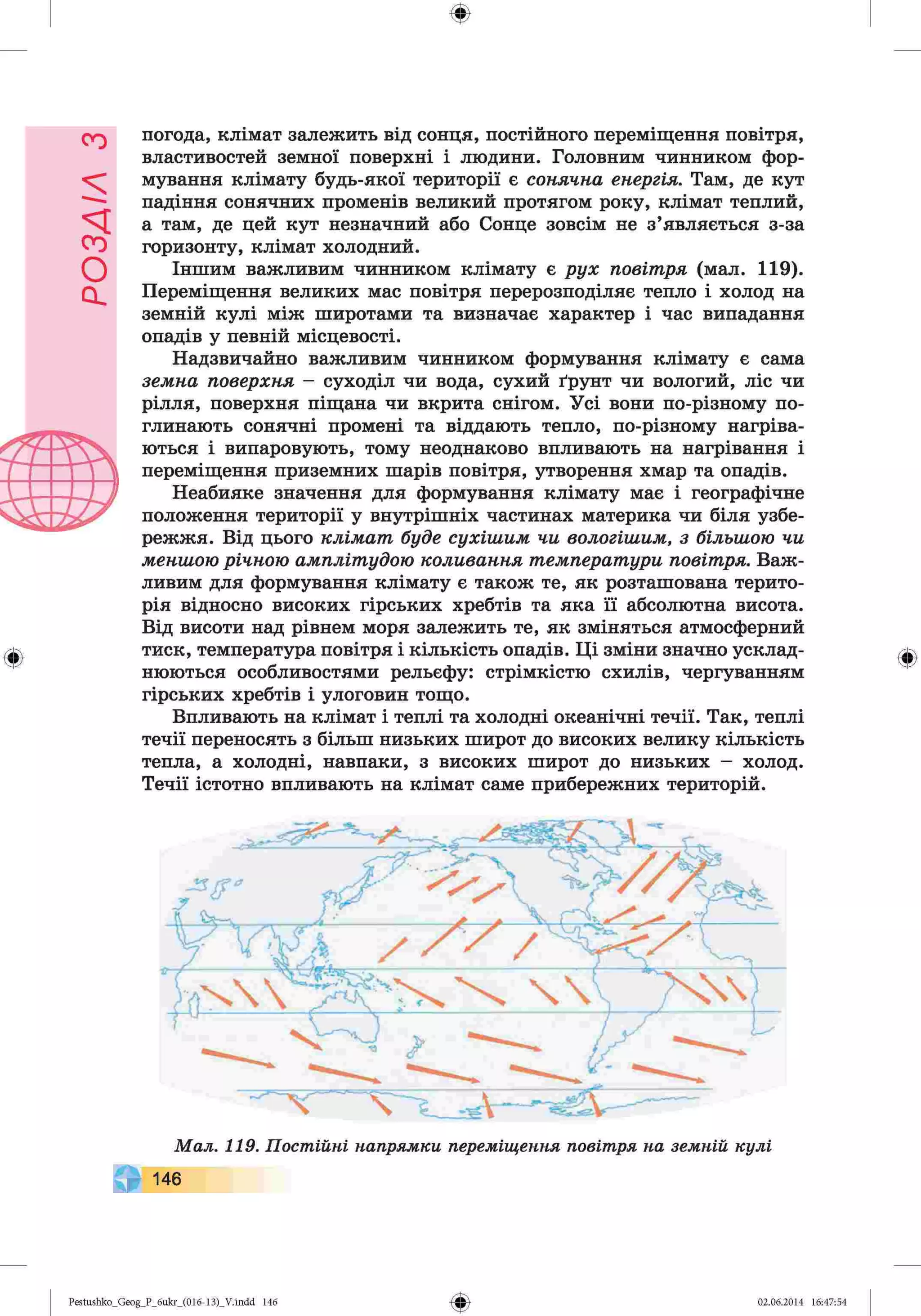 ф
ф
погода, клімат залежить від сонця, постійного переміщення повітря,
властивостей земної поверхні і людини. Головним чинником фор­
мування клімату будь-якої території є сонячна енергія. Там, де кут
падіння сонячних променів великий протягом року, клімат теплий,
а там, де цей кут незначний або Сонце зовсім не з’являється з-за
горизонту, клімат холодний.
Іншим важливим чинником клімату є рух повітря (мал. 119).
Переміщення великих мас повітря перерозподіляє тепло і холод на
земній кулі між широтами та визначає характер і час випадання
опадів у певній місцевості.
Надзвичайно важливим чинником формування клімату є сама
земна поверхня - суходіл чи вода, сухий ґрунт чи вологий, ліс чи
рілля, поверхня піщана чи вкрита снігом. Усі вони по-різному по­
глинають сонячні промені та віддають тепло, по-різному нагріва­
ються і випаровують, тому неоднаково впливають на нагрівання і
переміщення приземних шарів повітря, утворення хмар та опадів.
Неабияке значення для формування клімату має і географічне
положення території у внутрішніх частинах материка чи біля узбе­
режжя. Від цього клімат буде сухішим чи вологішим, з більшою чи
меншою річною амплітудою коливання температури повітря. Важ­
ливим для формування клімату є також те, як розташована терито­
рія відносно високих гірських хребтів та яка її абсолютна висота.
Від висоти над рівнем моря залежить те, як зміняться атмосферний
тиск, температура повітря і кількість опадів. Ці зміни значно усклад­
нюються особливостями рельєфу: стрімкістю схилів, чергуванням
гірських хребтів і улоговин тощо.
Впливають на клімат і теплі та холодні океанічні течії. Так, теплі
течії переносять з більш низьких широт до високих велику кількість
тепла, а холодні, навпаки, з високих широт до низьких - холод.
Течії істотно впливають на клімат саме прибережних територій.
Ф
Ф
Pestushko_Geog_P_бukr_(01б-13)_V.indd 146 02.06.2014 16:47:54
 