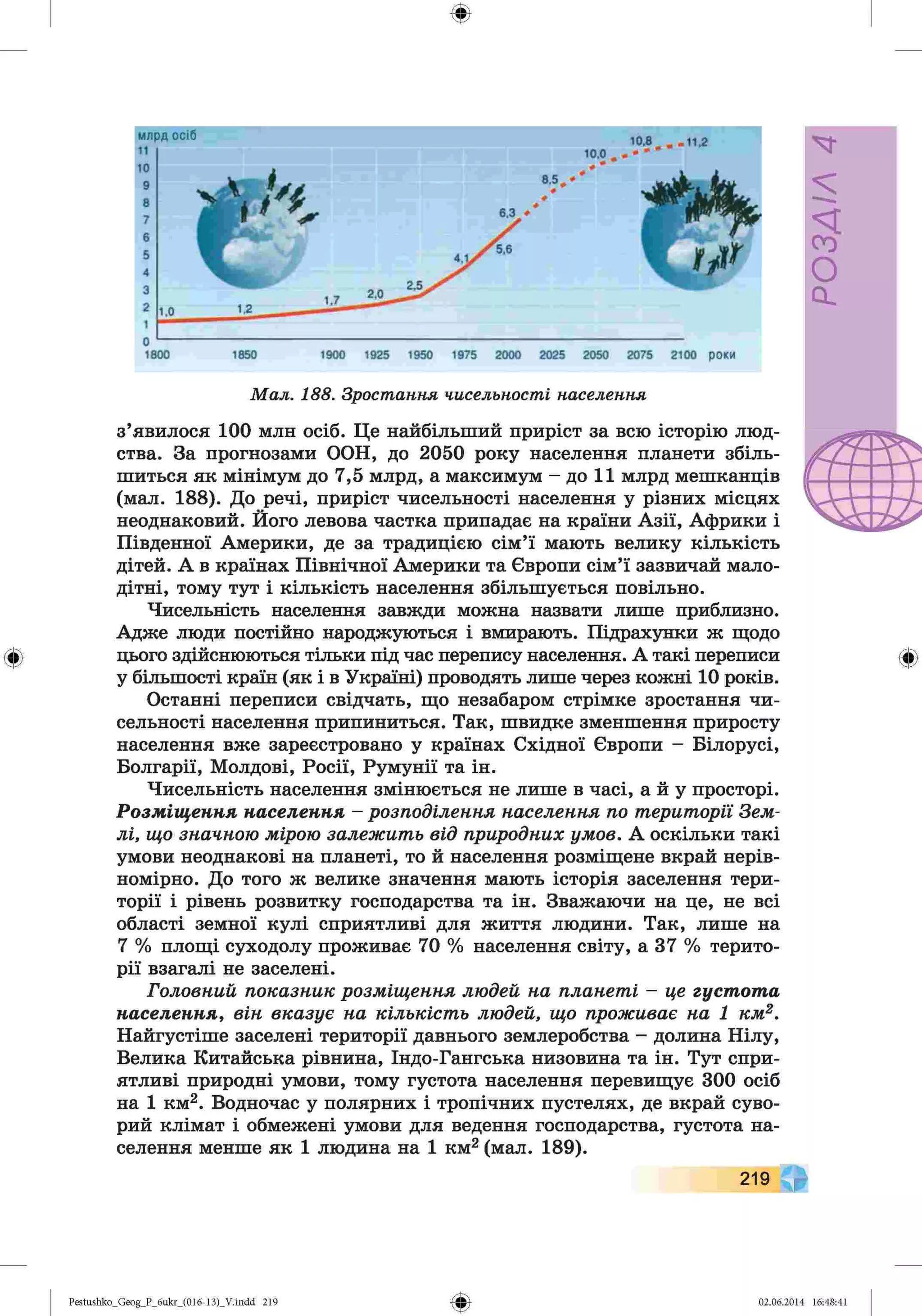 ф
ф
Мал. 188. Зростання чисельності населення
з’явилося 100 млн осіб. Це найбільший приріст за всю історію люд­
ства. За прогнозами ООН, до 2050 року населення планети збіль­
шиться як мінімум до 7,5 млрд, а максимум - до 11 млрд мешканців
(мал. 188). До речі, приріст чисельності населення у різних місцях
неоднаковий. Його левова частка припадає на країни Азії, Африки і
Південної Америки, де за традицією сім’ї мають велику кількість
дітей. А в країнах Північної Америки та Європи сім’ї зазвичай мало­
дітні, тому тут і кількість населення збільшується повільно.
Чисельність населення завжди можна назвати лише приблизно.
Адже люди постійно народжуються і вмирають. Підрахунки ж щодо
цього здійснюються тільки під час перепису населення. А такі переписи
у більшості країн (як і в Україні) проводять лише через кожні 10 років.
Останні переписи свідчать, що незабаром стрімке зростання чи­
сельності населення припиниться. Так, швидке зменшення приросту
населення вже зареєстровано у країнах Східної Європи - Білорусі,
Болгарії, Молдові, Росії, Румунії та ін.
Чисельність населення змінюється не лише в часі, а й у просторі.
Розміщення населення - розподілення населення по території Зем­
лі, що значною мірою залежить від природних умов. А оскільки такі
умови неоднакові на планеті, то й населення розміщене вкрай нерів­
номірно. До того ж велике значення мають історія заселення тери­
торії і рівень розвитку господарства та ін. Зважаючи на це, не всі
області земної кулі сприятливі для життя людини. Так, лише на
7 % площі суходолу проживає 70 % населення світу, а 37 % терито­
рії взагалі не заселені.
Головний показник розміщення людей на планеті - це густота
населення, він вказує на кількість людей, що проживає на 1 км2.
Найгустіше заселені території давнього землеробства - долина Нілу,
Велика Китайська рівнина, Індо-Гангська низовина та ін. Тут спри­
ятливі природні умови, тому густота населення перевищує 300 осіб
на 1 км2. Водночас у полярних і тропічних пустелях, де вкрай суво­
рий клімат і обмежені умови для ведення господарства, густота на­
селення менше як 1 людина на 1 км2 (мал. 189).
Ф
219
Ф
Pestushko_Geog_P_6ukr_(016-13)_V.indd 219 02.06.2014 16:48:41
V
VlVSO
 