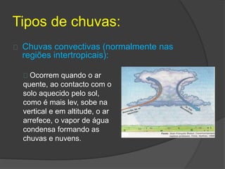 Tipos de chuvas: 
Chuvas convectivas (normalmente nas 
regiões intertropicais): 
Ocorrem quando o ar 
quente, ao contacto com o 
solo aquecido pelo sol, 
como é mais lev, sobe na 
vertical e em altitude, o ar 
arrefece, o vapor de água 
condensa formando as 
chuvas e nuvens. 
 