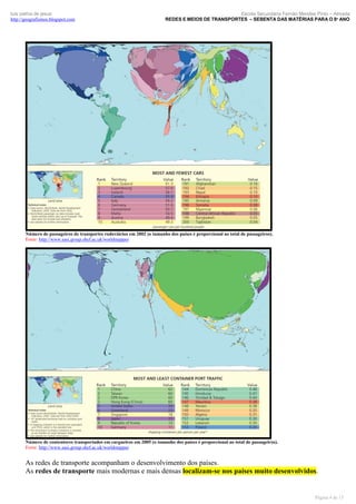 luís palma de jesus
http://geografismos.blogspot.com

Escola Secundária Fernão Mendes Pinto – Almada
REDES E MEIOS DE TRANSPORTES – SEBENTA DAS MATÉRIAS PARA O 8º ANO

Número de passageiros de transportes rodoviários em 2002 (o tamanho dos países é proporcional ao total de passageiros).
Fonte: http://www.sasi.group.shef.ac.uk/worldmapper

Número de contentores transportados em cargueiros em 2005 (o tamanho dos países é proporcional ao total de passageiros).
Fonte: http://www.sasi.group.shef.ac.uk/worldmapper

As redes de transporte acompanham o desenvolvimento dos países.
As redes de transporte mais modernas e mais densas localizam-se nos países muito desenvolvidos.

Página 4 de 15

 
