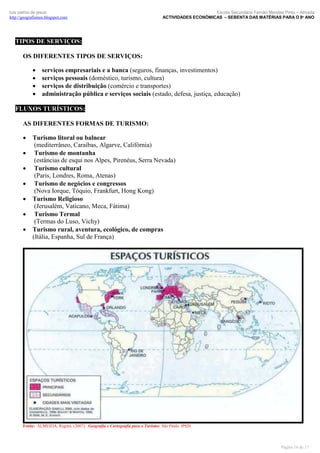 luís palma de jesus
http://geografismos.blogspot.com

Escola Secundária Fernão Mendes Pinto – Almada
ACTIVIDADES ECONÓMICAS – SEBENTA DAS MATÉRIAS PARA O 8º ANO

TIPOS DE SERVIÇOS:
OS DIFERENTES TIPOS DE SERVIÇOS:





serviços empresariais e a banca (seguros, finanças, investimentos)
serviços pessoais (doméstico, turismo, cultura)
serviços de distribuição (comércio e transportes)
administração pública e serviços sociais (estado, defesa, justiça, educação)

FLUXOS TURÍSTICOS:
AS DIFERENTES FORMAS DE TURISMO:








Turismo litoral ou balnear
(mediterrâneo, Caraíbas, Algarve, Califórnia)
Turismo de montanha
(estâncias de esqui nos Alpes, Pirenéus, Serra Nevada)
Turismo cultural
(Paris, Londres, Roma, Atenas)
Turismo de negócios e congressos
(Nova Iorque, Tóquio, Frankfurt, Hong Kong)
Turismo Religioso
(Jerusalém, Vaticano, Meca, Fátima)
Turismo Termal
(Termas do Luso, Vichy)
Turismo rural, aventura, ecológico, de compras
(Itália, Espanha, Sul de França)

Fonte: ALMEIDA, Regina. (2007). Geografia e Cartografia para o Turismo. São Paulo. IPSIS

Página 16 de 17

 