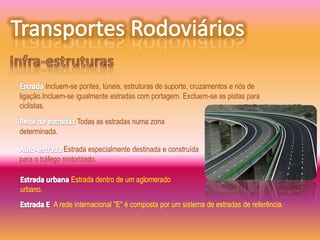 Incluem-se pontes, túneis, estruturas de suporte, cruzamentos e nós de
ligação.Incluem-se igualmente estradas com portagem. Excluem-se as pistas para
ciclistas.
                   Todas as estradas numa zona
determinada.

               Estrada especialmente destinada e construída
para o tráfego motorizado.

                 Estrada dentro de um aglomerado
urbano.
           A rede internacional "E" é composta por um sistema de estradas de referência.
 