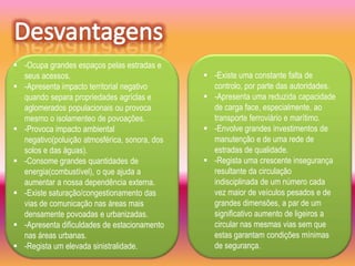  -Ocupa grandes espaços pelas estradas e
  seus acessos.                                 -Existe uma constante falta de
 -Apresenta impacto territorial negativo        controlo, por parte das autoridades.
  quando separa propriedades agríclas e         -Apresenta uma reduzida capacidade
  aglomerados populacionais ou provoca           de carga face, especialmente, ao
  mesmo o isolamenteo de povoações.              transporte ferroviário e marítimo.
 -Provoca impacto ambiental                    -Envolve grandes investimentos de
  negativo(poluição atmosférica, sonora, dos     manutenção e de uma rede de
  solos e das águas).                            estradas de qualidade.
 -Consome grandes quantidades de               -Regista uma crescente insegurança
  energia(combustível), o que ajuda a            resultante da circulação
  aumentar a nossa dependência externa.          indisciplinada de um número cada
 -Existe saturação/congestionamento das         vez maior de veículos pesados e de
  vias de comunicação nas áreas mais             grandes dimensões, a par de um
  densamente povoadas e urbanizadas.             significativo aumento de ligeiros a
 -Apresenta dificuldades de estacionamento      circular nas mesmas vias sem que
  nas áreas urbanas.                             estas garantam condições mínimas
 -Regista um elevada sinistralidade.            de segurança.
 