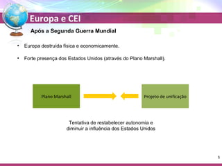 Europa e CEI 
Após a Segunda Guerra Mundial 
• Europa destruída física e economicamente. 
• Forte presença dos Estados Unidos (através do Plano Marshall). 
Plano Marshall 
Projeto de unificação 
Tentativa de restabelecer autonomia e 
diminuir a influência dos Estados Unidos 
5 
 