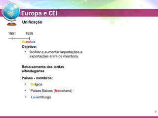 Europa e CEI 
Unificação 
1951 1958 
Benelux 
Objetivo: 
• facilitar e aumentar importações e 
exportações entre os membros. 
Rebaixamento das tarifas 
alfandegárias 
Países - membros: 
• Bélgica 
• Países Baixos (Nederland) 
• Luxemburgo 
7 
 